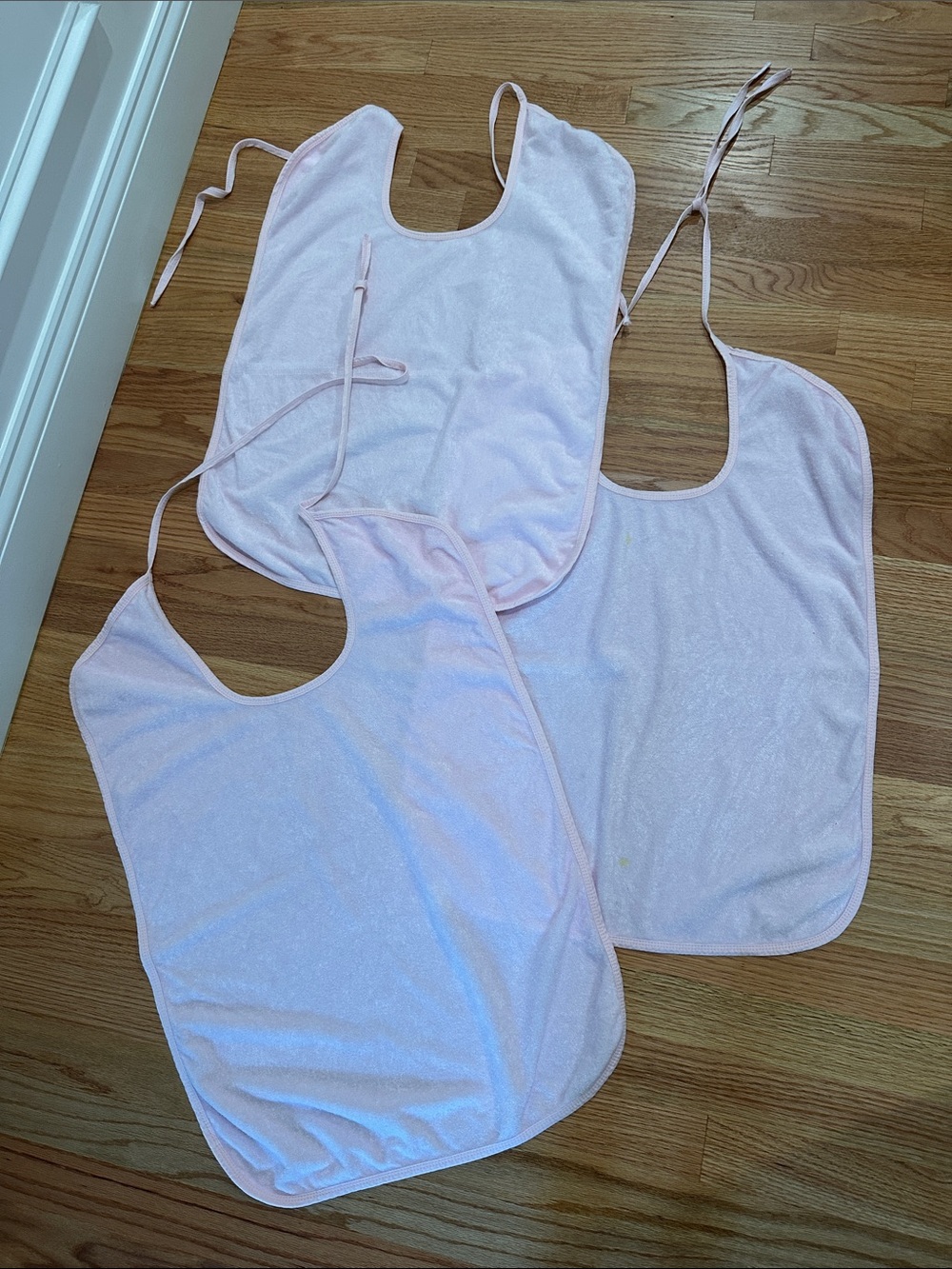 3 Adult Bibs / Clothing Protectors in pink tie back fabric vinyl easy to clean